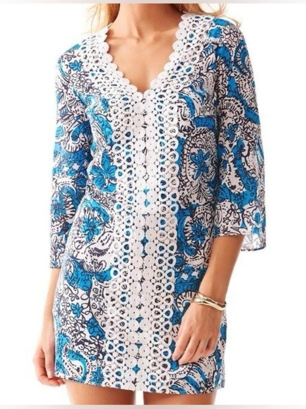 Lilly Pulitzer Brooke Ariel Blue Hippy Hippy Shake Lace Front Tunic Dress